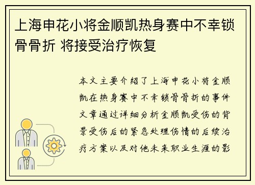 上海申花小将金顺凯热身赛中不幸锁骨骨折 将接受治疗恢复