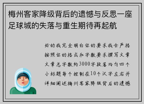 梅州客家降级背后的遗憾与反思一座足球城的失落与重生期待再起航